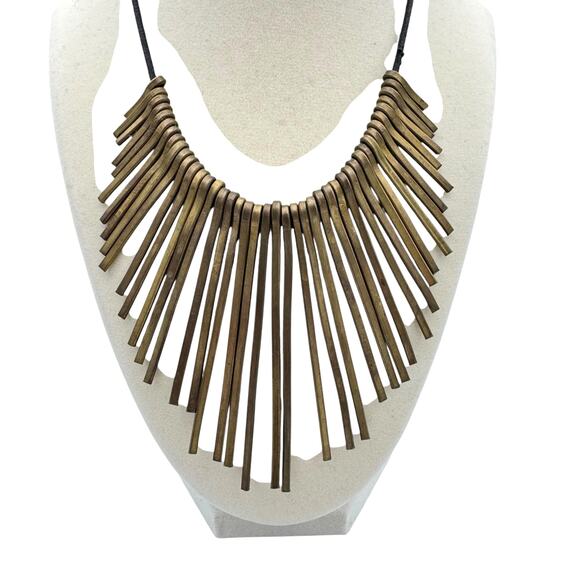Brass Tone Spike Pins Leather Cord Statement Bib Necklace Unbranded Egyptian - Picture 4 of 8